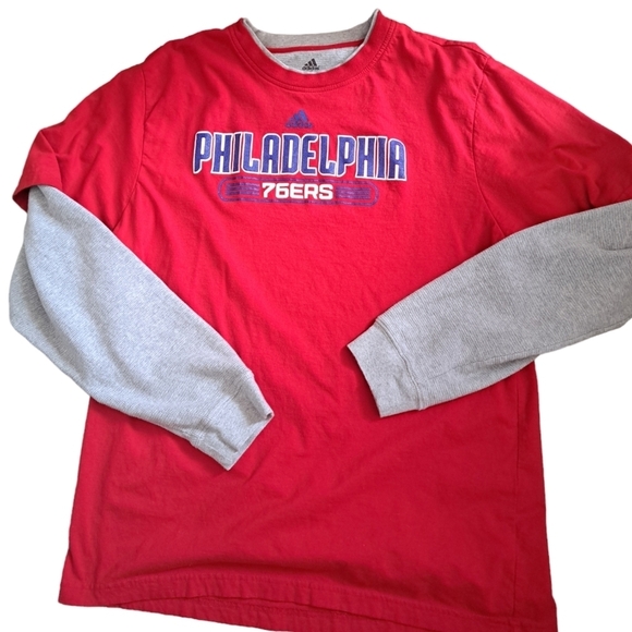ADIDAS PHILADELPHIA 76ers Long sleeve thermal waffle tshirt red TEE attached XL - Picture 2 of 6